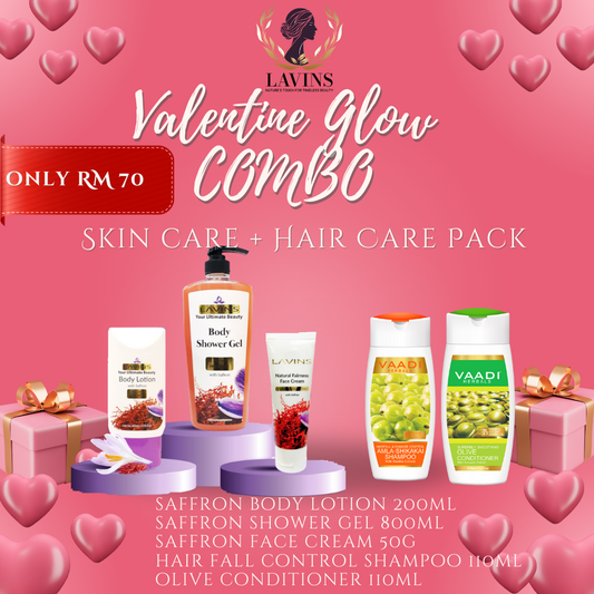 LAVINS Valentine's Skin & Hair Care Bundle: Body Lotion 200ml, Shower Gel 800ml, Face Cream 50g, Shampoo & Conditioner