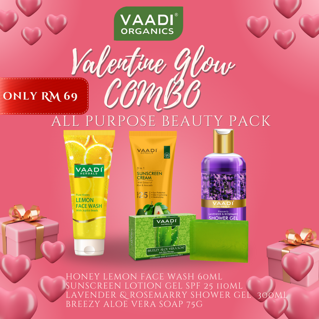 Valentine Value Pack - All-Purpose Beauty Set | Honey Lemon Face Wash, SPF 25 Avocado Sunscreen, Lavender & Rosemary Shower Gel, Aloe Vera Soap