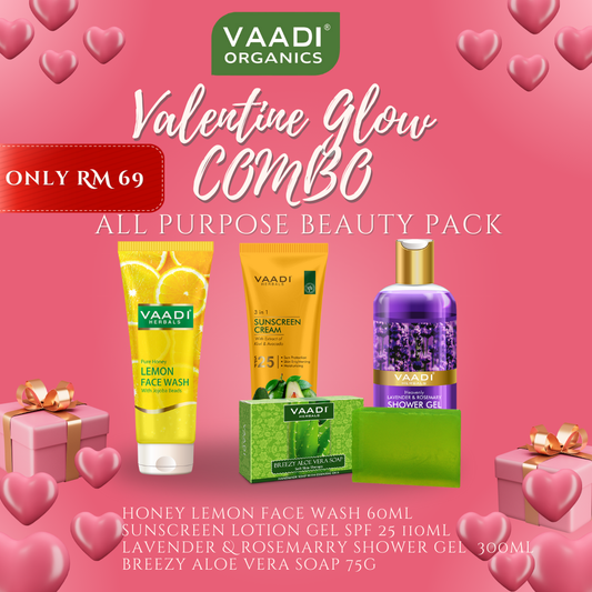 Valentine Value Pack - All-Purpose Beauty Set | Honey Lemon Face Wash, SPF 25 Avocado Sunscreen, Lavender & Rosemary Shower Gel, Aloe Vera Soap