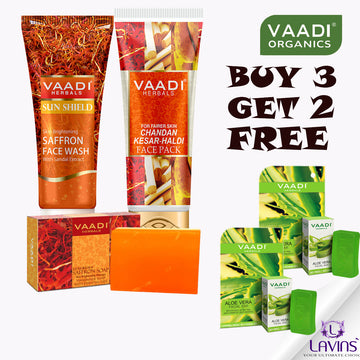 Buy 3 Get 2 Free | Saffron face wash 60ml/ Chandan Kesar face pack 120g/ Saffron Soap | Free 2 Aloe vera Facial Bars