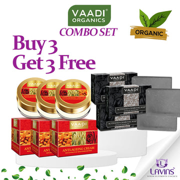 VAADI COMBO Buy 3 ANTI AGEING-ALMOND & WHEATGERM OIL - 30GMS  and Get Free 3 ACTIVE CHARCOAL SOAP - 75GM
